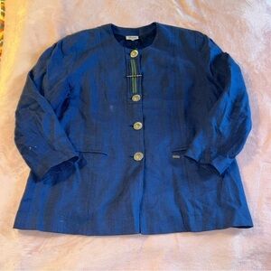 Boos vintage linen blue blazer with floral pewter buttons size 46 or XL